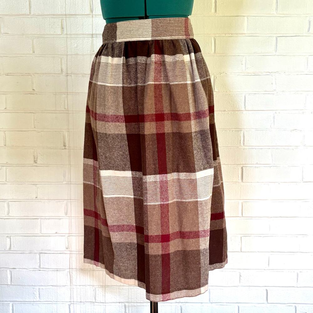 Vintage 70s brown and red plaid wool midi skirt